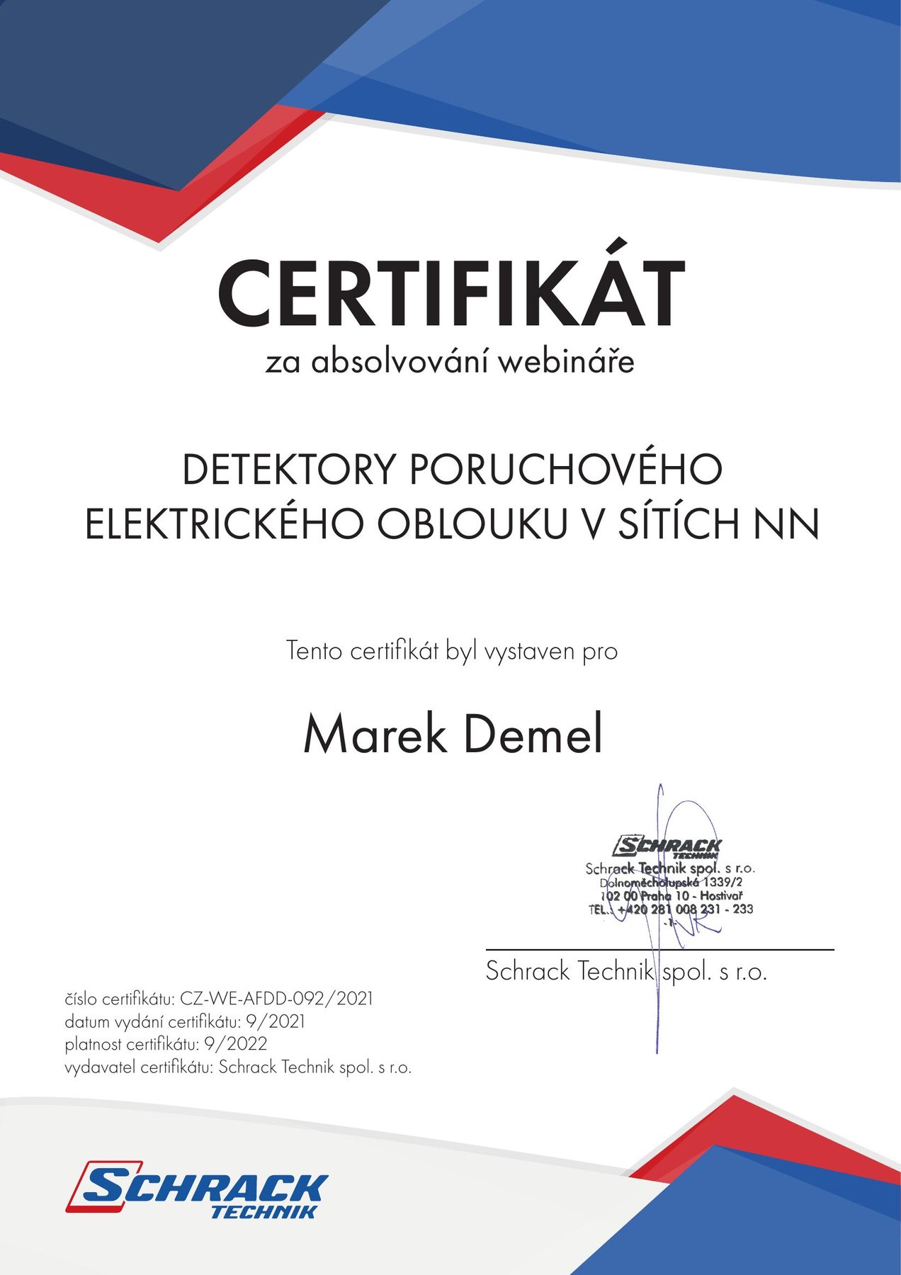 Certifikát Schrack – detektory poruchového oblouku