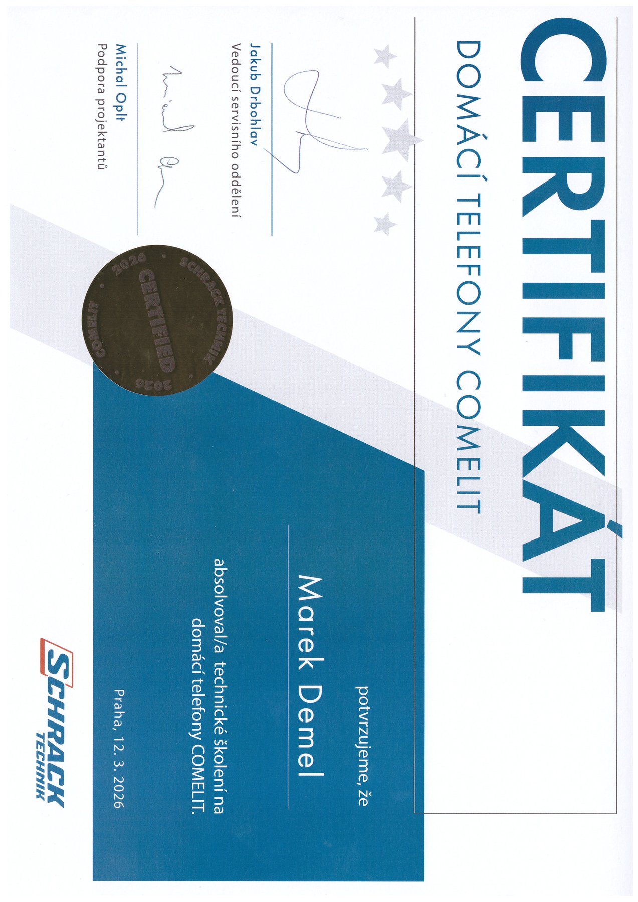Certifikát Comelit – domácí telefony